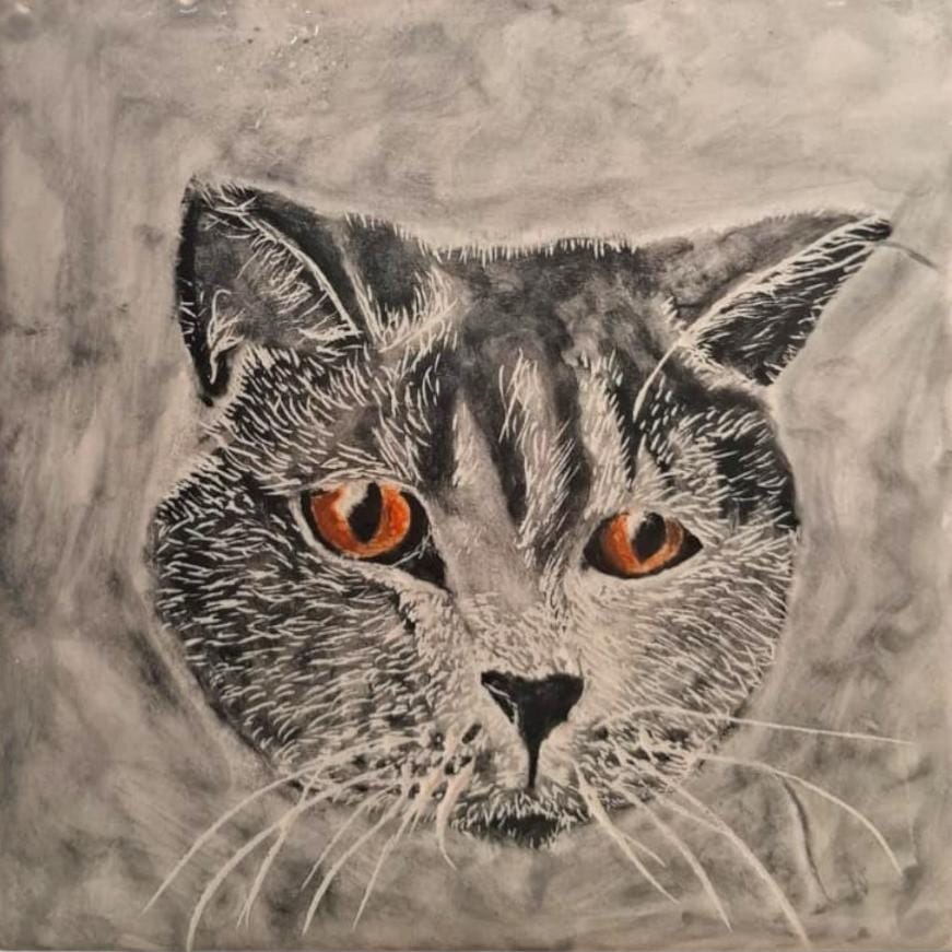 Azulejo pintado à mão com retrato da gata Sassy